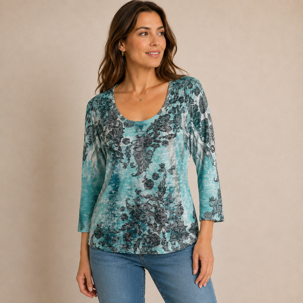 Sundance Teal and Black Floral Scoop-Neck Top
